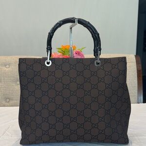 Authentic Gucci Dark Brown Tote with Black Bamboo Handles